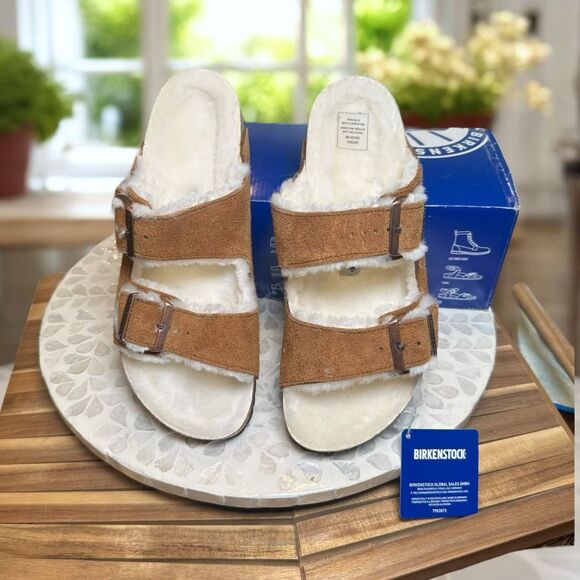 Birkenstock Arizona Shearling Mink Suede Leather Slip-On  Slides Sandals Unisex - Picture 7 of 12